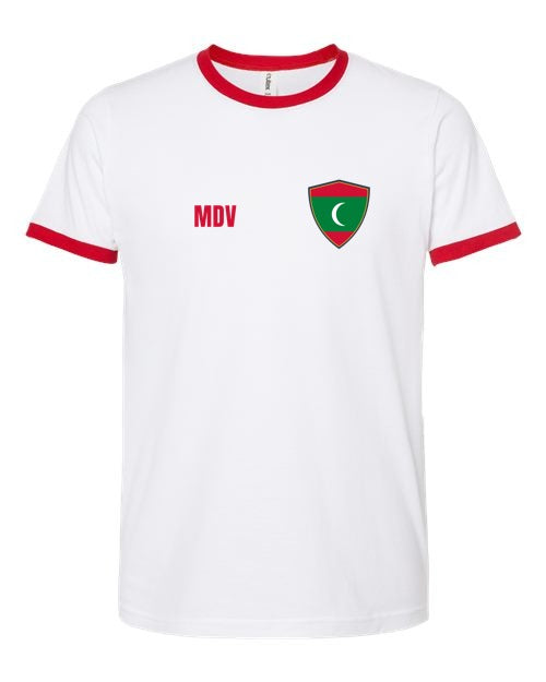 Maldives Soccer Ringer Tee — Retro National Crest | NYC Factory