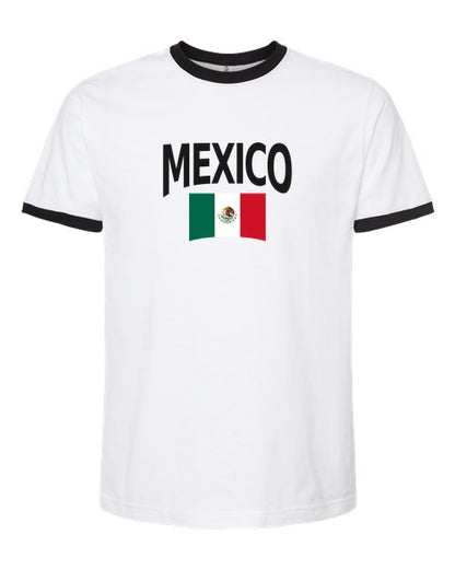 Mexico Soccer Ringer Tee 2026 — Classic Name & Flag | NYC Factory - White/Black