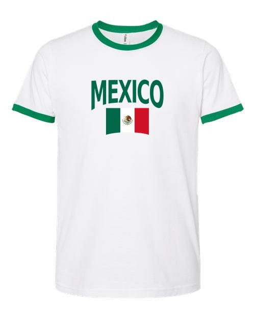 Mexico Soccer Ringer Tee 2026 — Classic Name & Flag | NYC Factory - white_green