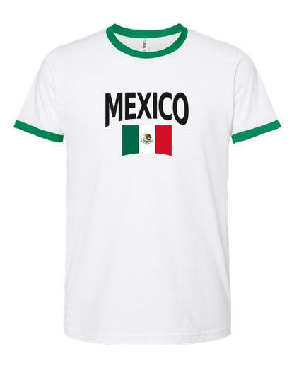 Mexico Soccer Ringer Tee 2026 — Classic Name & Flag | NYC Factory - white_green