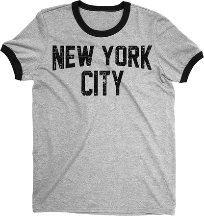 Men's New York City John Lennon Ringer Tee T-Shirt (Gray/Black, Distressed Print)