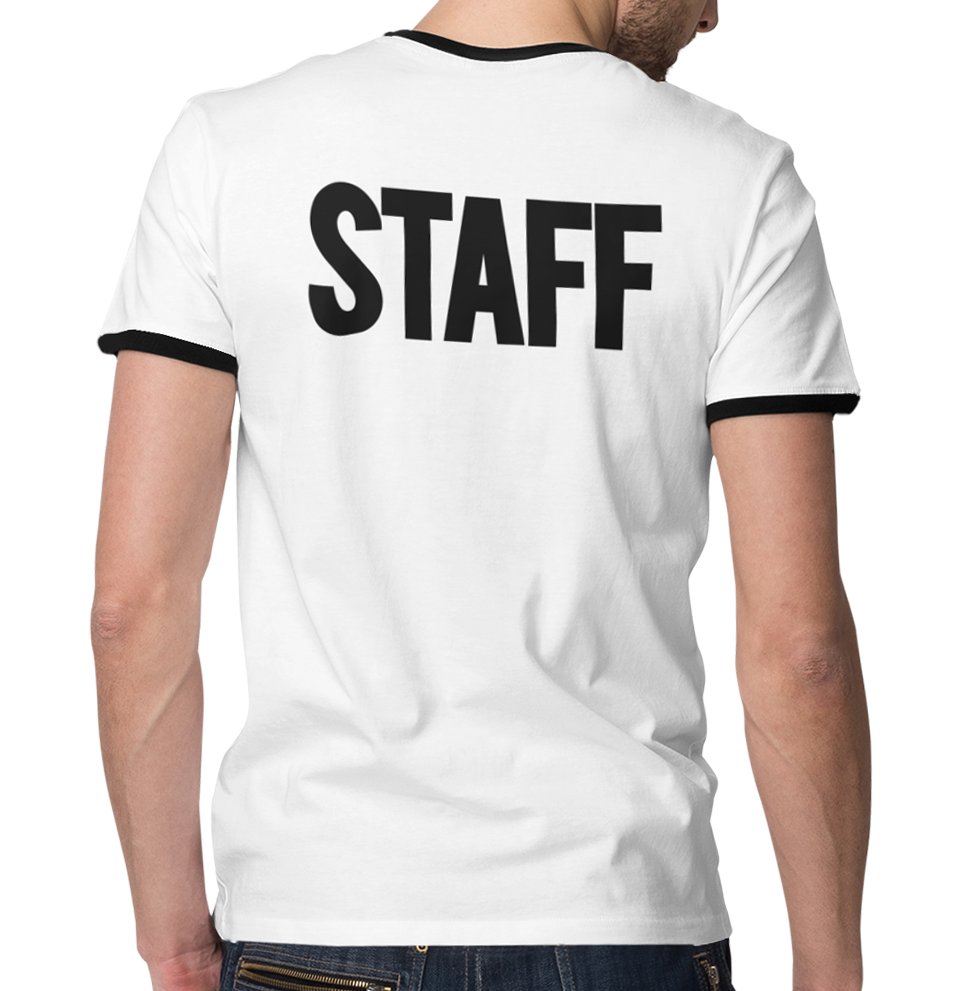 Men's Staff Ringer T-Shirt Front Back Screen Print Tee (BB, White & Black)