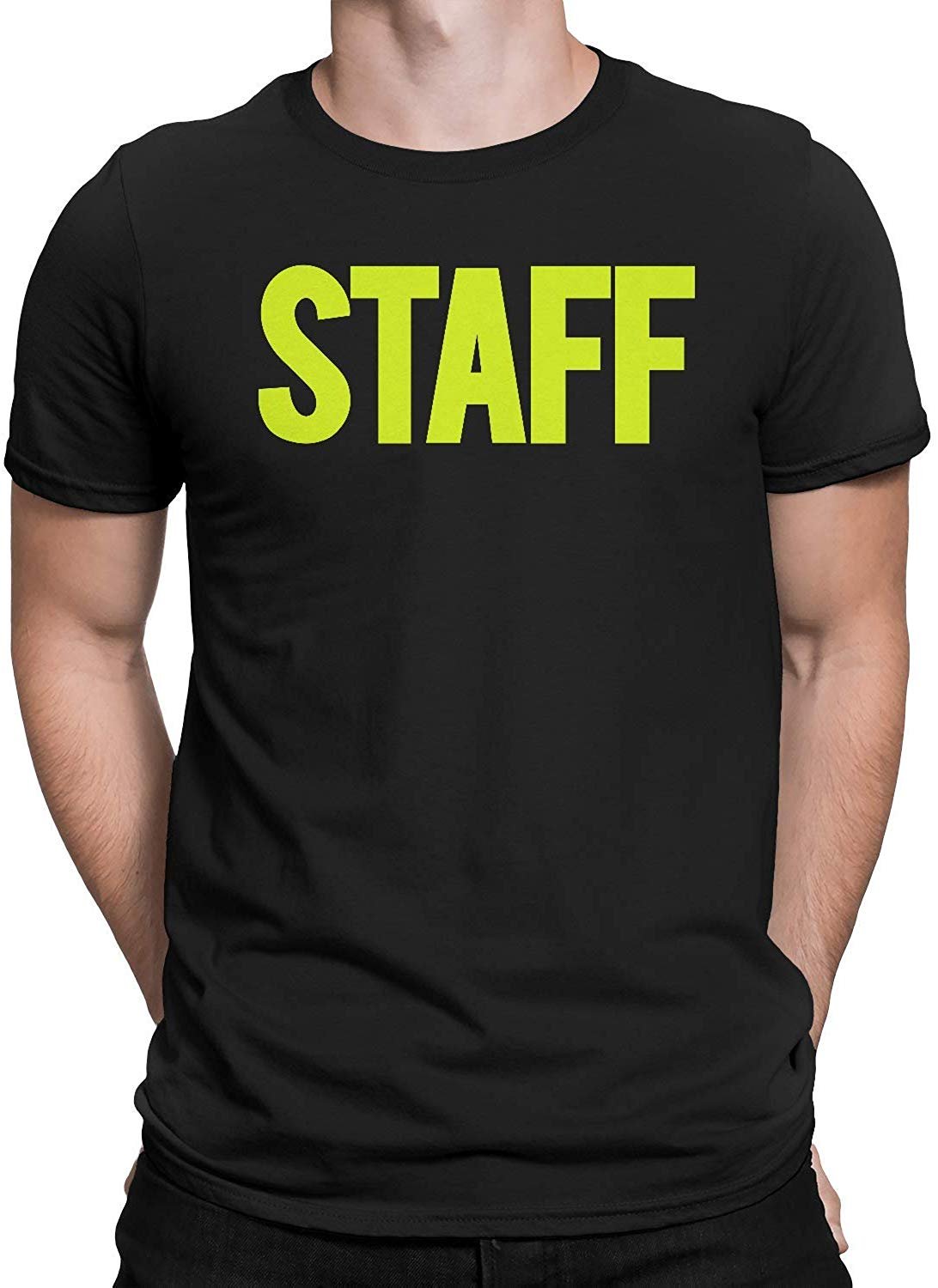 Men's Staff T-Shirt Front Back Screen Print Tee (BB, Black & Neon)