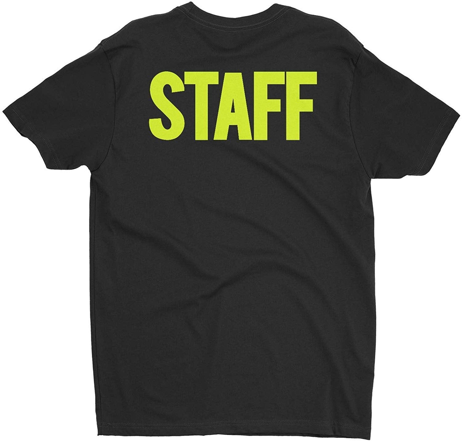 Men's Staff T-Shirt Front Back Screen Print Tee (BB, Black & Neon)