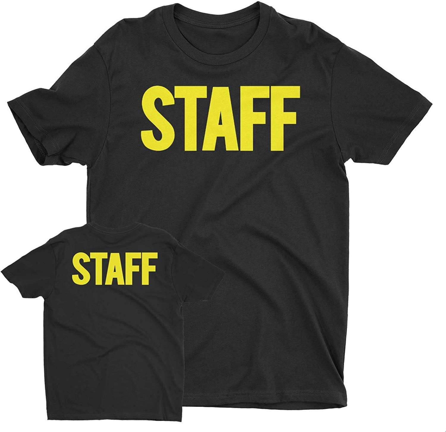 Men's Staff T-Shirt Front Back Screen Print Tee (BB, Black & Neon)