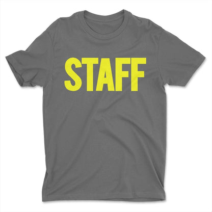 Men's Staff T-Shirt Front Back Screen Print Tee (BB, Charcoal & Neon)