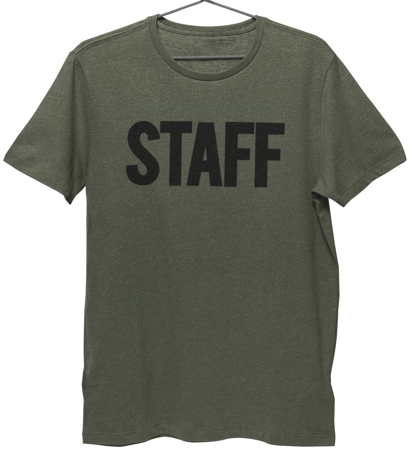 Men's Staff T-Shirt Front Back Screen Print Tee (BB, Heather Military Green)