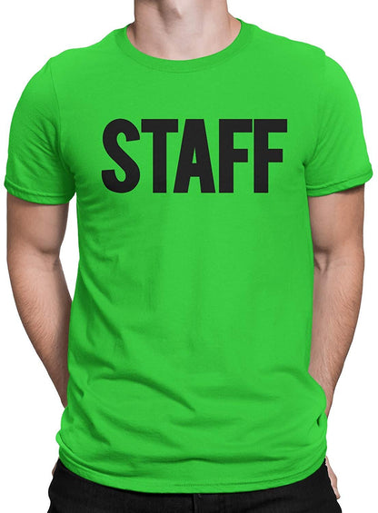 Men's Staff T-Shirt Front Back Screen Print Tee (BB, Neon Green & Black)