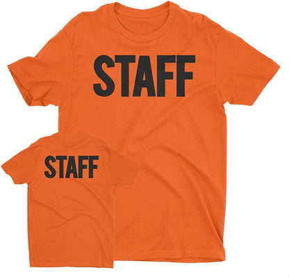 Men's Staff T-Shirt Front Back Screen Print Tee (BB, Orange & Black)