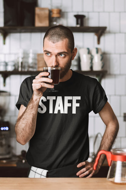 Men's Staff T-Shirt Front Back Screen Print Tee (BB, Orange & Black)