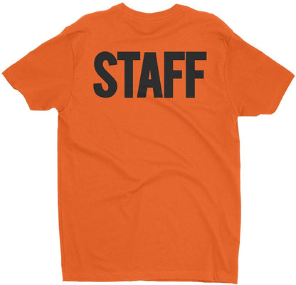 Men's Staff T-Shirt Front Back Screen Print Tee (BB, Orange & Black)