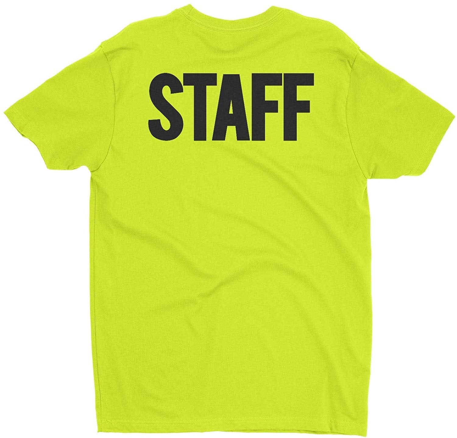 Men's Staff T-Shirt Front Back Screen Print Tee (BB, Safety Green & Black)