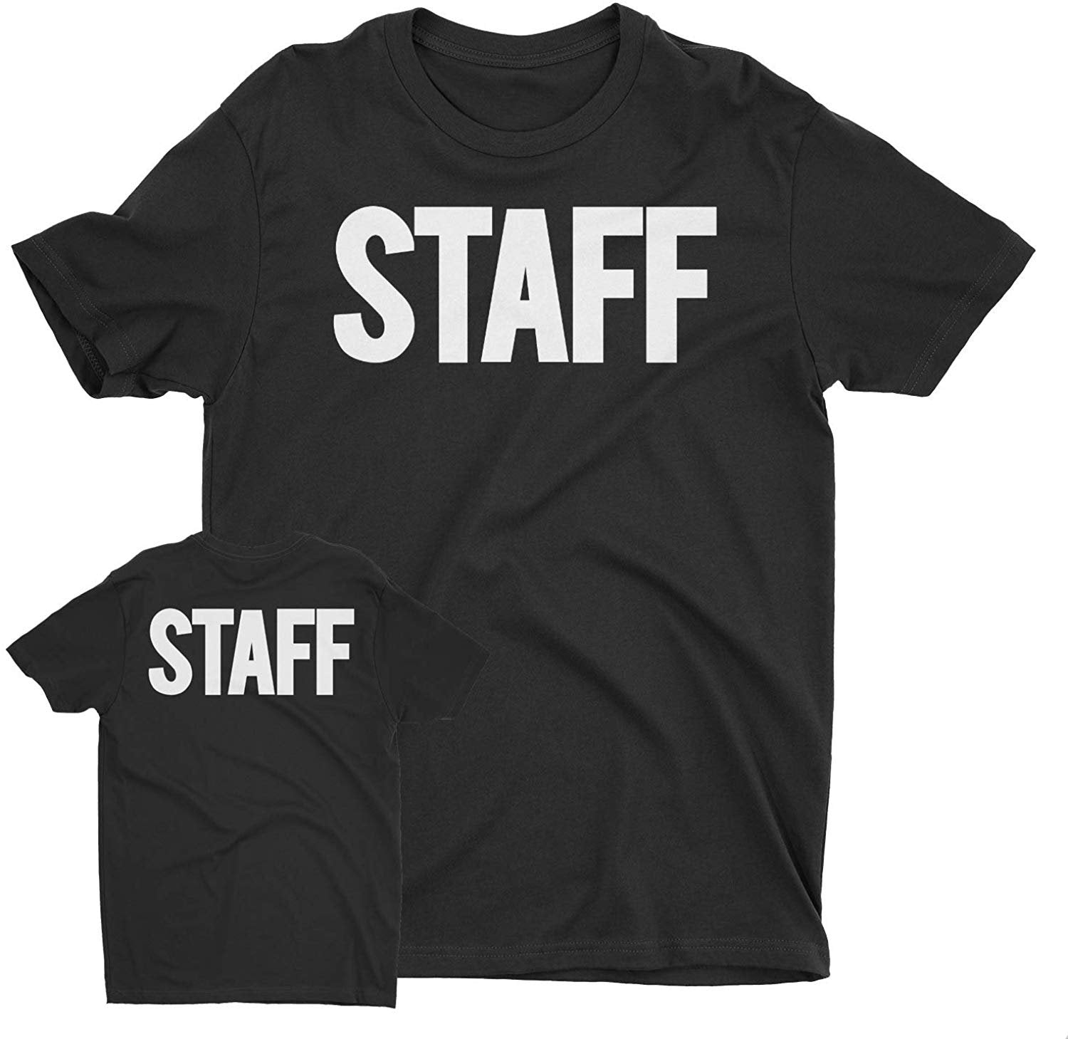 Men's Staff T-Shirt Front Back Screen Print Tee (Solid Design, Black & White)