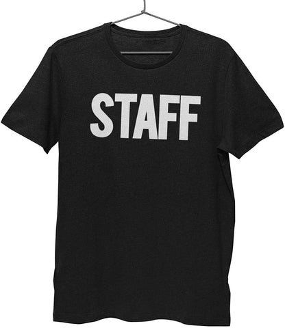 Men's Staff T-Shirt Front Back Screen Print Tee (Solid Design, Black & White)