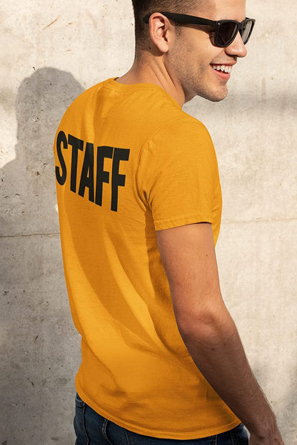 Men's Staff T-Shirt Screen Print Tee (Chest & Back Print, Gold)