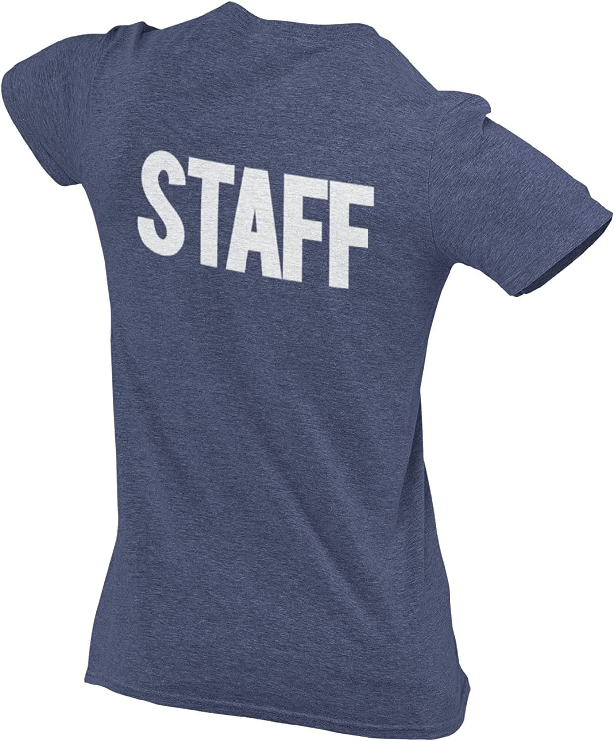 Men's Staff T-Shirt Screen Print Tee (Chest & Back Print, Heather Denim & White)