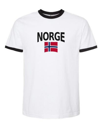 Norway Soccer Ringer Tee 2026 — Classic Name & Flag | NYC Factory - White/Black