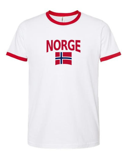 Norway Soccer Ringer Tee 2026 — Classic Name & Flag | NYC Factory - white_red
