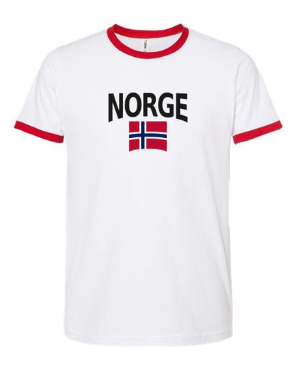 Norway Soccer Ringer Tee 2026 — Classic Name & Flag | NYC Factory - white_red