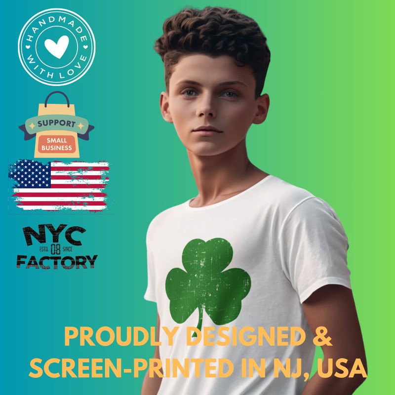 NYC FACTORY USA Screen Printed Shamrock Youth T-Shirt Distressed Tee Kids Irish Green