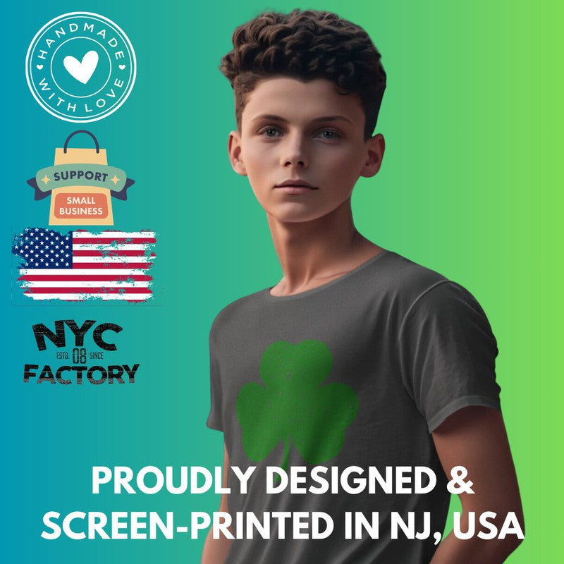 NYC FACTORY USA Screen Printed Shamrock Youth T-Shirt Distressed Tee Kids Irish Green