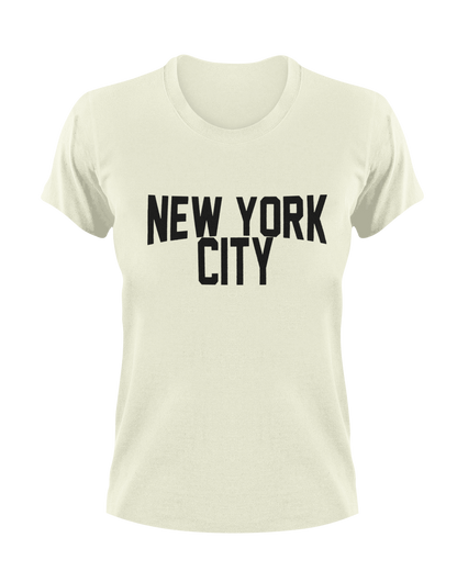 Beige t-shirt with 'New York City' text on a white background