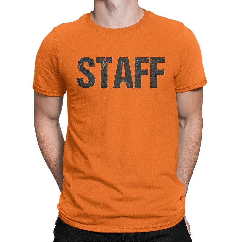 Neon Orange Staff T-Shirt Front & Back Print Mens Event Shirt Tee