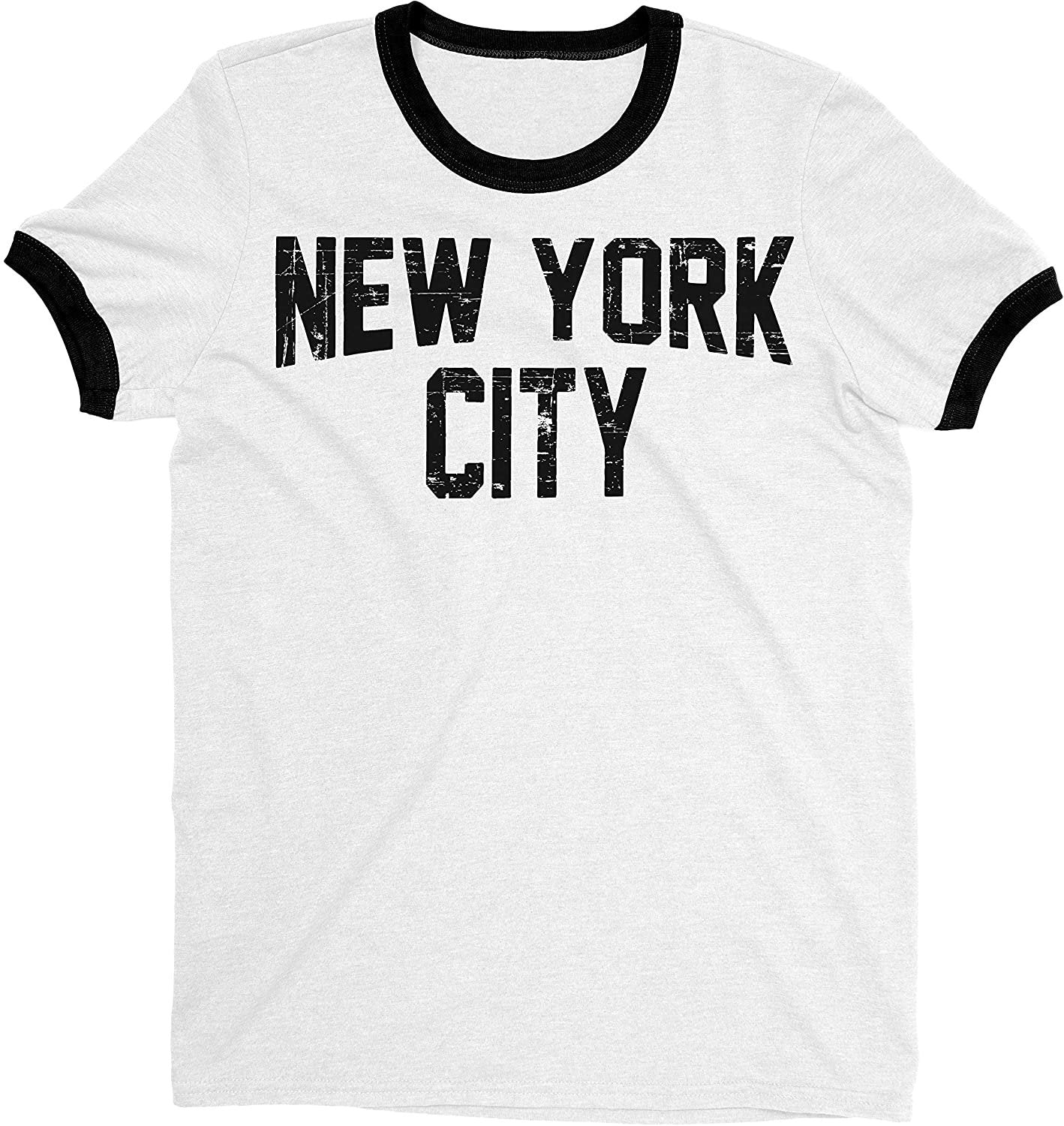 New York City Ringer Tee T-Shirt Retro Style Men's Shirt (White/Black, Distressed)