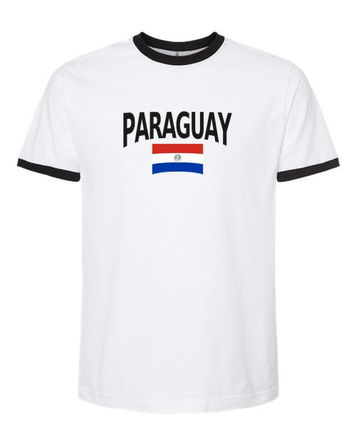 Paraguay Soccer Ringer Tee 2026 — Classic Name & Flag | NYC Factory - White/Black