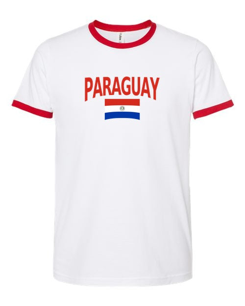Paraguay Soccer Ringer Tee 2026 — Classic Name & Flag | NYC Factory - white_red