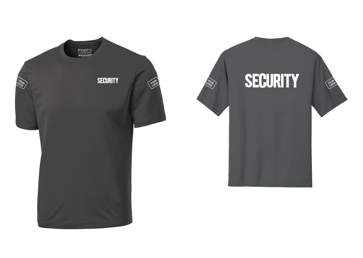 NYC Factory Men's Custom Logo Security Performance T-Shirt - Chest + Back + Your Logo Sleeves - Charcoal