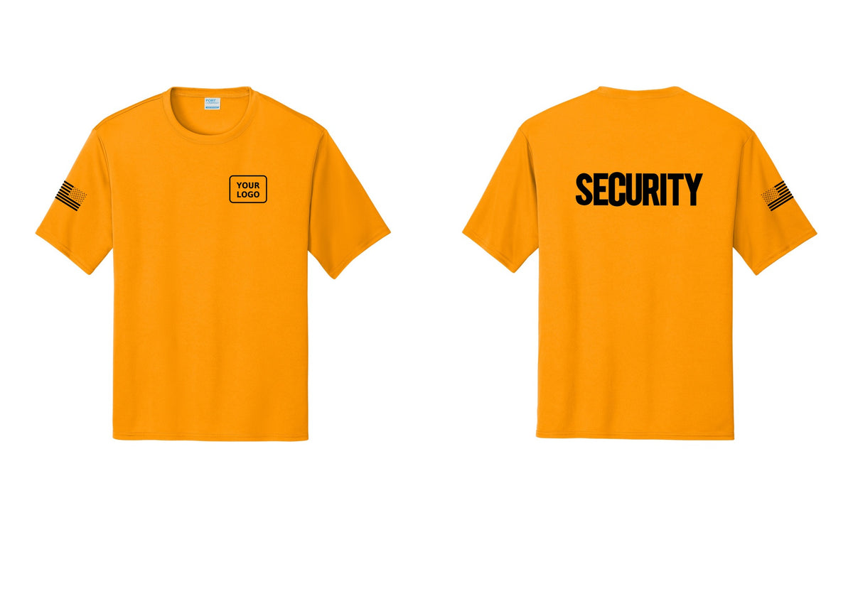 NYC Factory Men's Custom Logo Security Performance T-Shirt - Your Logo + Back + US Flag Sleeve - Gold