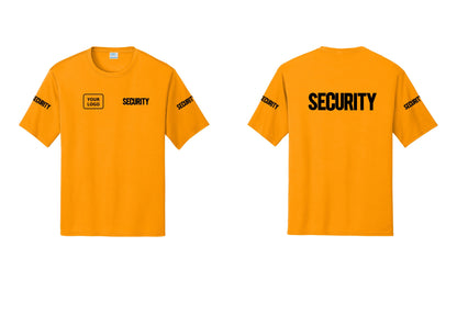 NYC Factory Men's Custom Logo Security Performance T-Shirt - SECURITY + Your Logo + Back + Security Sleeves - Gold