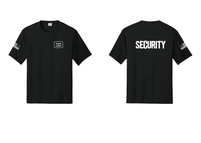 NYC Factory Men's Custom Logo Security Performance T-Shirt - Your Logo + Back + US Flag Sleeve - Black