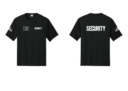 NYC Factory Men's Custom Logo Security Performance T-Shirt - SECURITY + Your Logo + Back + US Flag Sleeve - Black