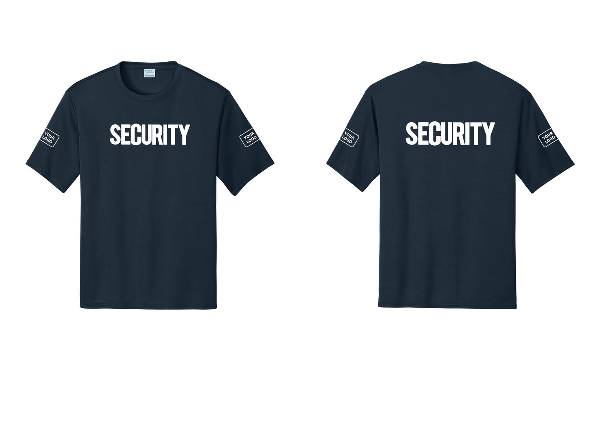 NYC Factory Men's Custom Logo Security Performance T-Shirt - Front + Back + Your Logo Sleeves - Navy