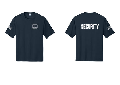 NYC Factory Men's Custom Logo Security Performance T-Shirt - Your Logo + Back + US Flag Sleeve - Navy