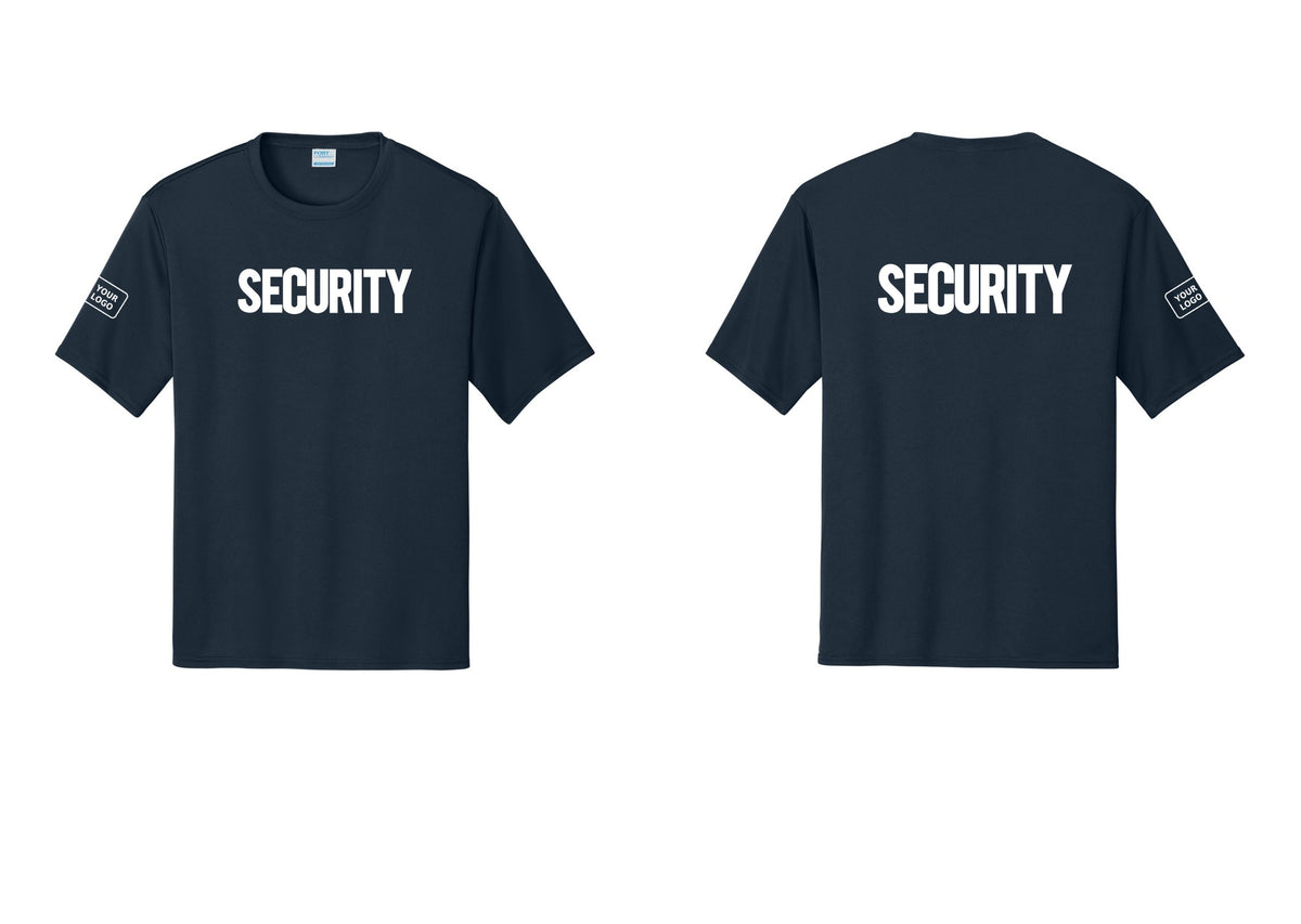 NYC Factory Men's Custom Logo Security Performance T-Shirt - Front + Back + Your Logo Sleeve - Navy