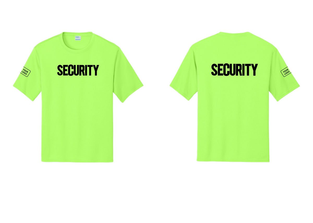 NYC Factory Men's Custom Logo Security Performance T-Shirt - Front + Back + Your Logo Sleeve - Neon Green