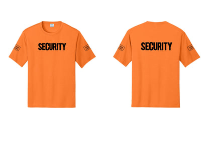 NYC Factory Men's Custom Logo Security Performance T-Shirt - Front + Back + Your Logo Sleeves - Neon Orange