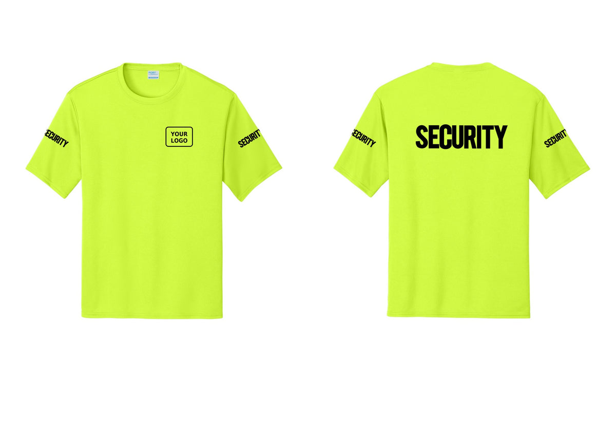 NYC Factory Men's Custom Logo Security Performance T-Shirt - Your Logo + Back + Security Sleeves - Neon Yellow