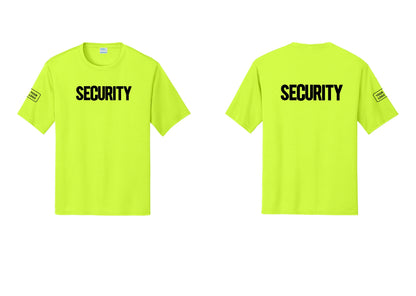 NYC Factory Men's Custom Logo Security Performance T-Shirt - Front + Back + Your Logo Sleeve - Neon Yellow
