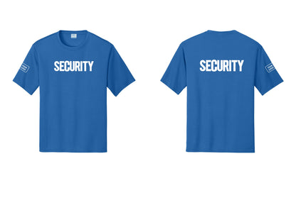 NYC Factory Men's Custom Logo Security Performance T-Shirt - Front + Back + Your Logo Sleeve - Royal