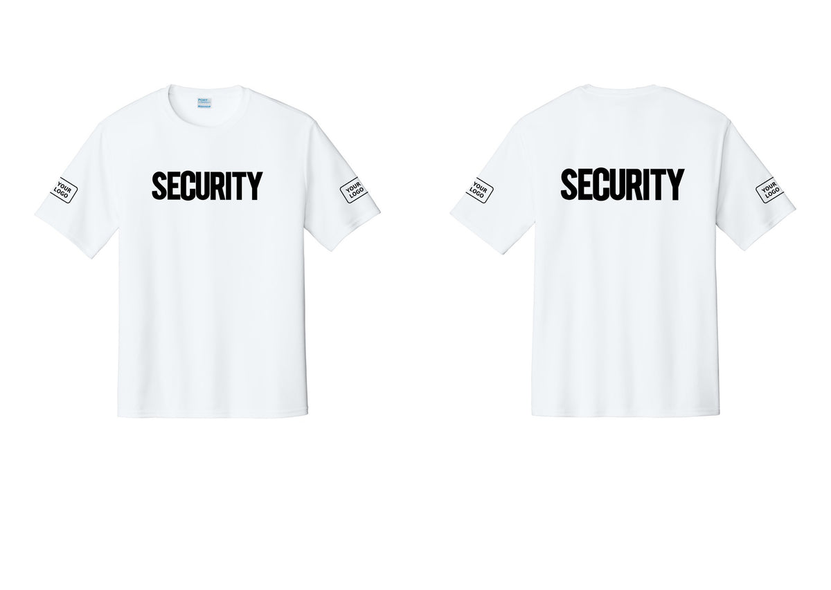 NYC Factory Men's Custom Logo Security Performance T-Shirt - Front + Back + Your Logo Sleeves - White