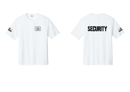 NYC Factory Men's Custom Logo Security Performance T-Shirt - Your Logo + Back + US Flag Sleeve - White