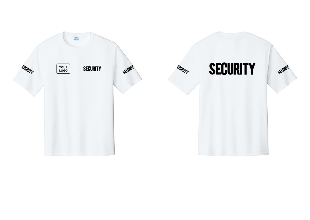 NYC Factory Men's Custom Logo Security Performance T-Shirt - SECURITY + Your Logo + Back + Security Sleeves - White