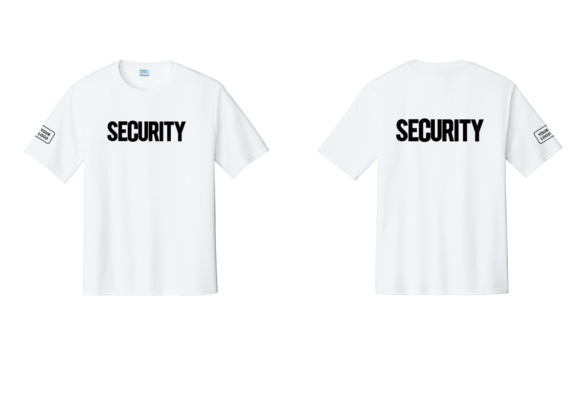 NYC Factory Men's Custom Logo Security Performance T-Shirt - Front + Back + Your Logo Sleeve - White