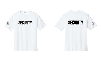 NYC Factory Men's Custom Logo Security Performance T-Shirt - Front + Back + Your Logo Sleeve - White