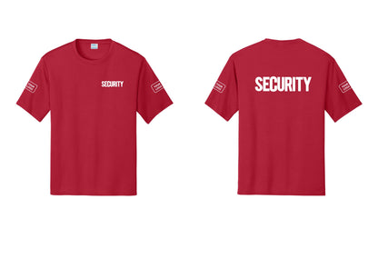 NYC Factory Men's Custom Logo Security Performance T-Shirt - Chest + Back + Your Logo Sleeves - Red