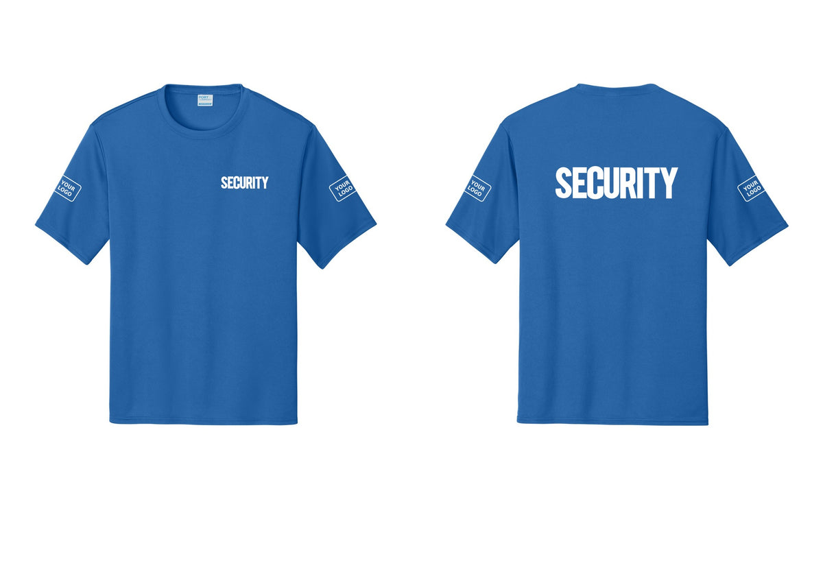 NYC Factory Men's Custom Logo Security Performance T-Shirt - Chest + Back + Your Logo Sleeves - Royal
